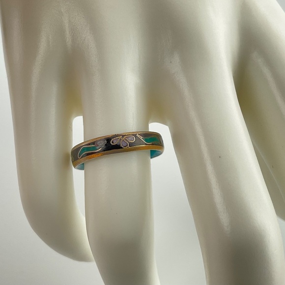 Vintage Black Cloisonne Enamel Ring with Pink Flowers & Green Leaves - Picture 8 of 9